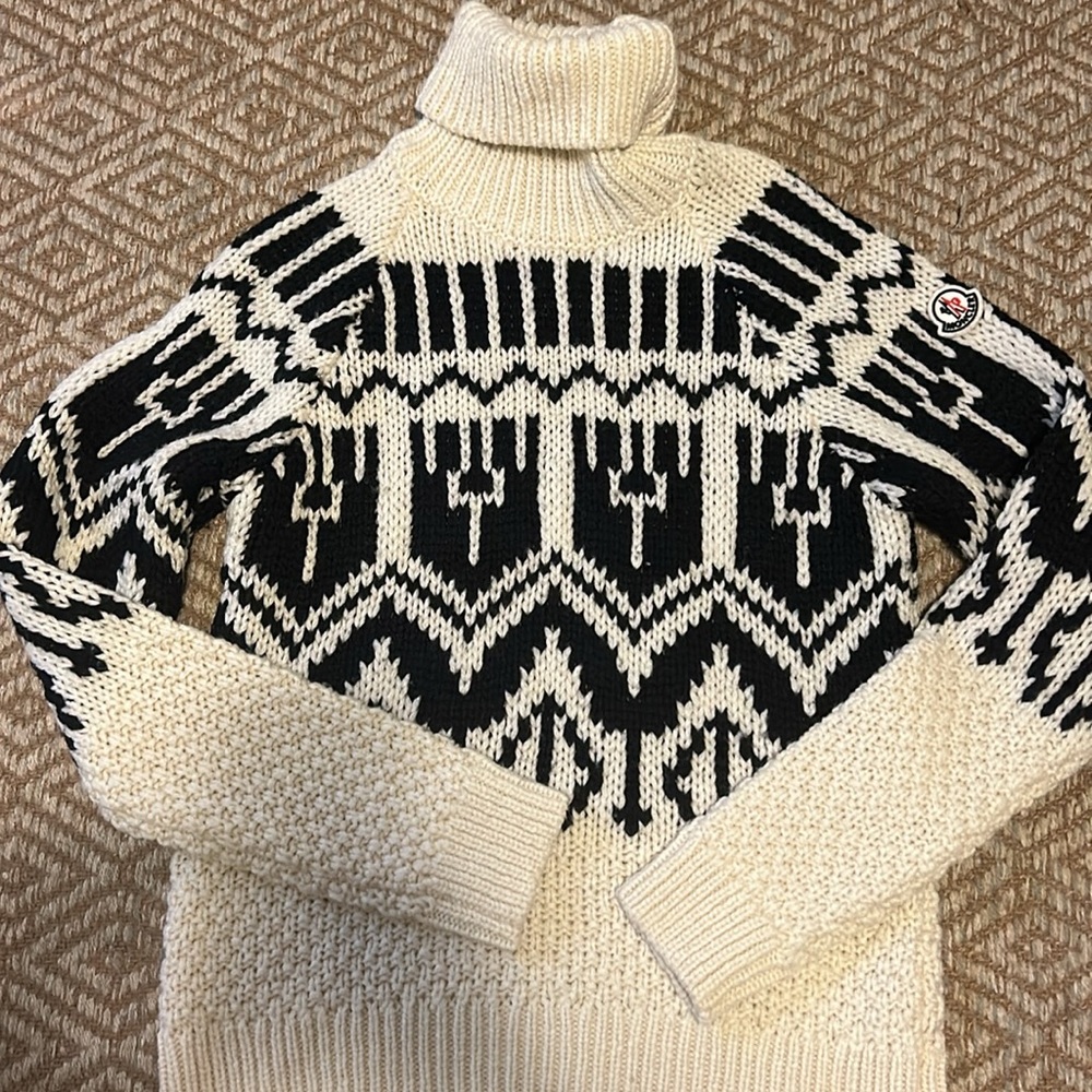 Beautiful Wool Moncler Turtleneck Sweater, Black and Ivory w/Logo Patch, Size S